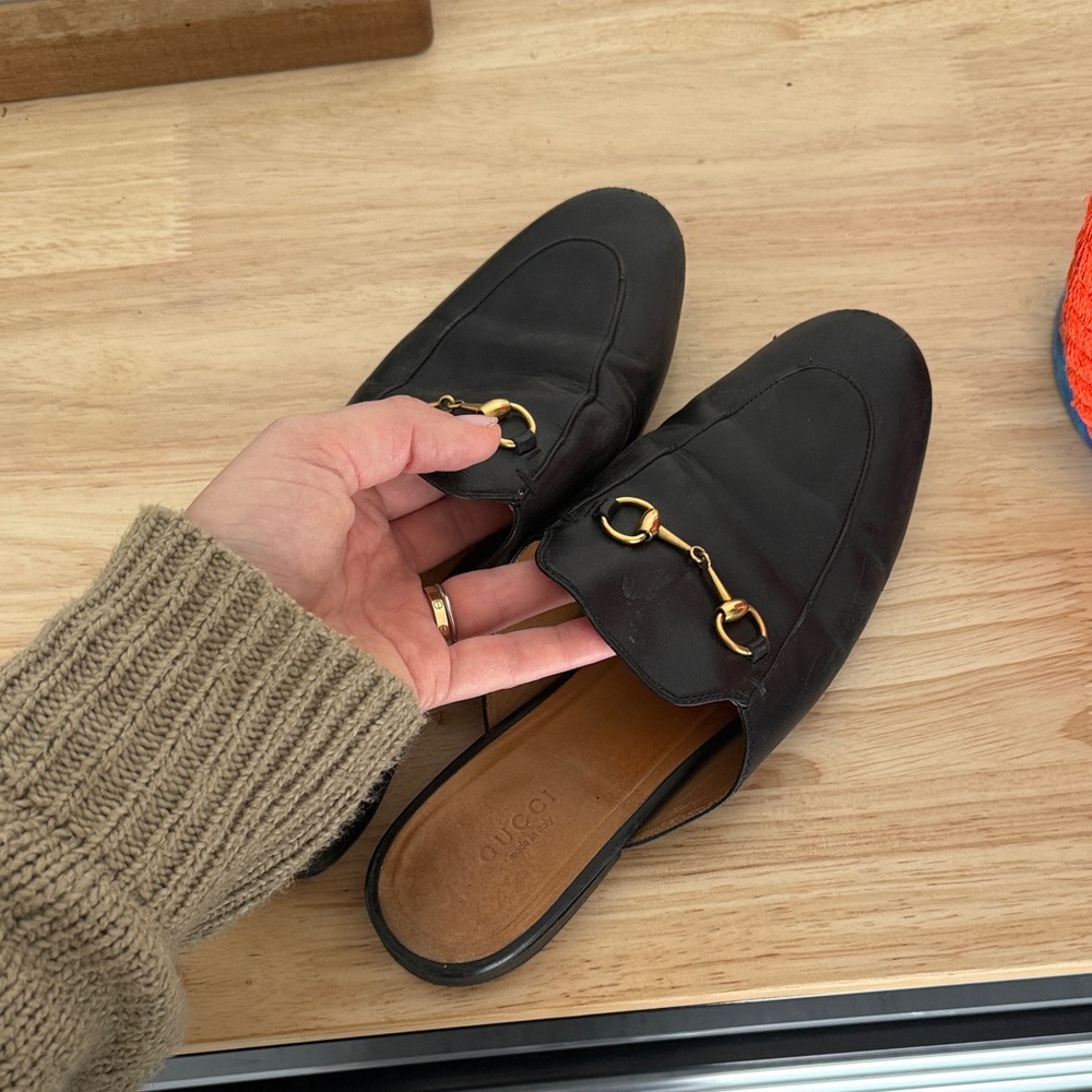 Gucci Black Leather Horsebit Mule Slides with Gold Hardware